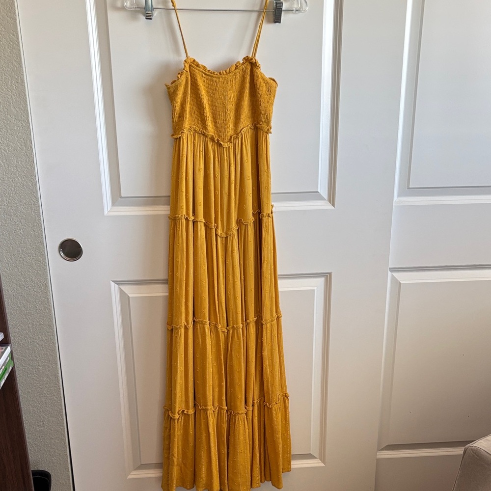 Lulu's Mustard Smocked Tiered Maxi Romper with Spaghetti Straps